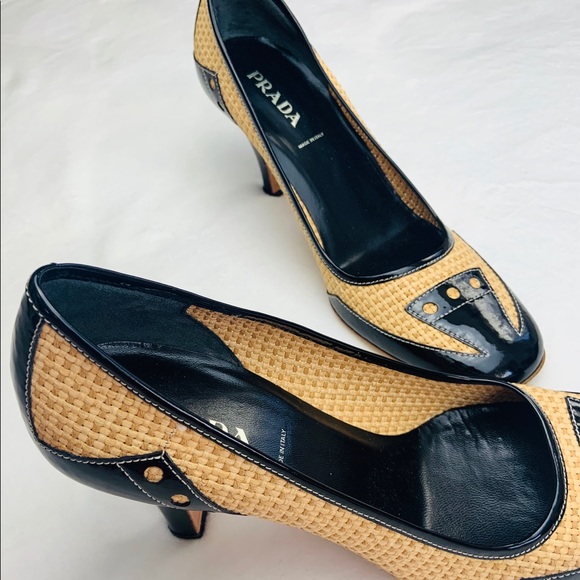 PRADA Straw black p leather high heel Sz 8 / 38.5 - Picture 15 of 16